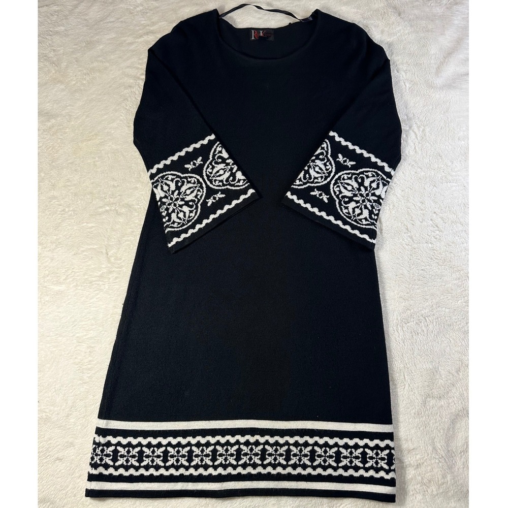 RK Originals Black Knit Dress Fair Isle Bell Sleeve Knee Length‎ Size M